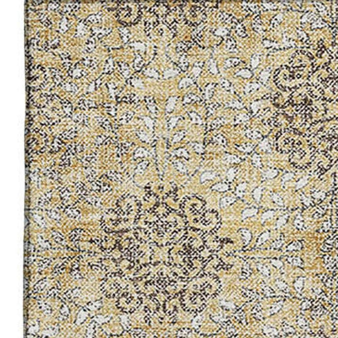 5' X 8' Gold And Taupe Damask Washable Area Rug With UV Protection