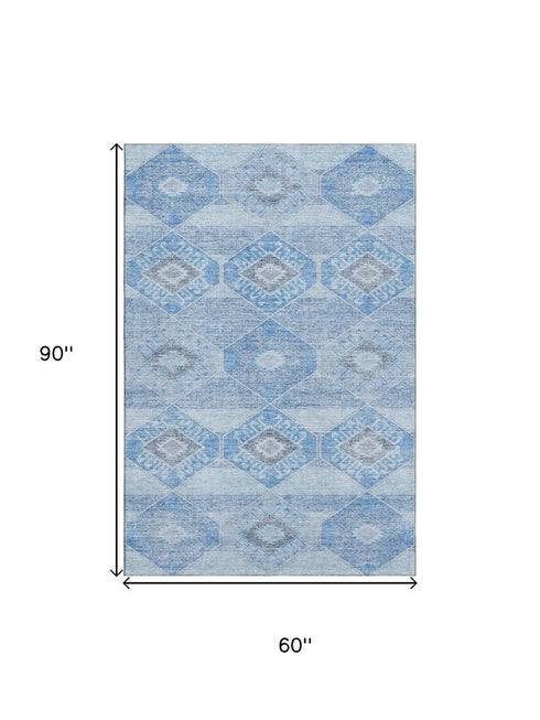 5' X 8' Blue And Gray Geometric Washable Area Rug With UV Protection