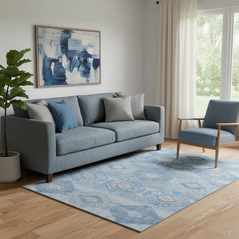 5' X 8' Blue And Gray Geometric Washable Area Rug With UV Protection