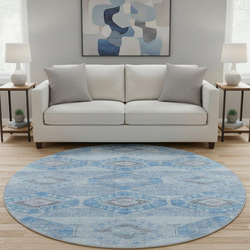8' Blue And Gray Geometric Washable Round Rug With UV Protection