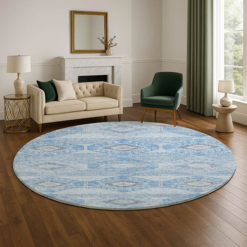 8' Blue And Gray Geometric Washable Round Rug With UV Protection