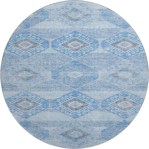 8' Blue And Gray Geometric Washable Round Rug With UV Protection
