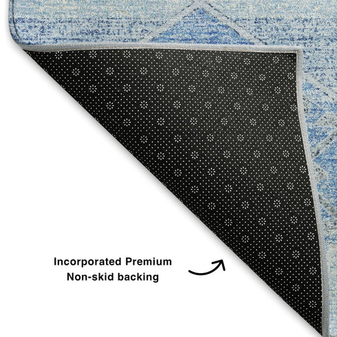 8' Blue And Gray Geometric Washable Round Rug With UV Protection