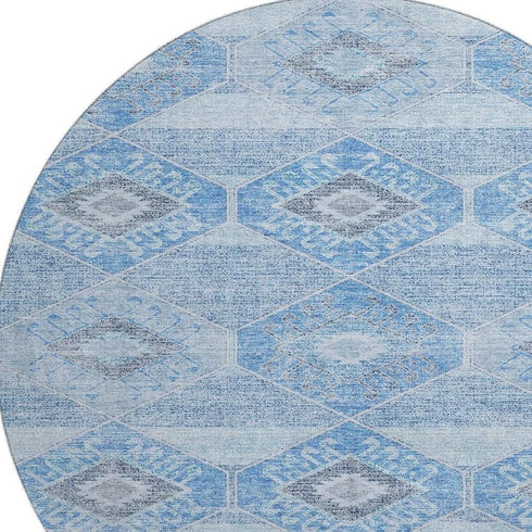 8' Blue And Gray Geometric Washable Round Rug With UV Protection