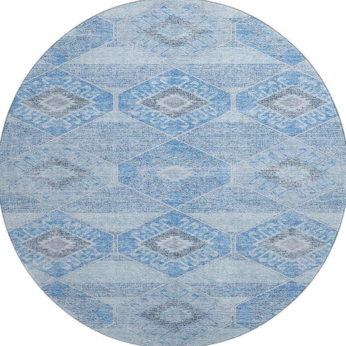 8' Blue And Gray Geometric Washable Round Rug With UV Protection