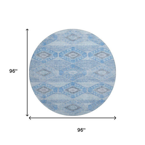 8' Blue And Gray Geometric Washable Round Rug With UV Protection