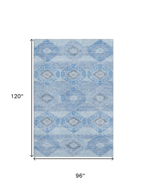 8' X 10' Blue And Gray Geometric Washable Area Rug With UV Protection