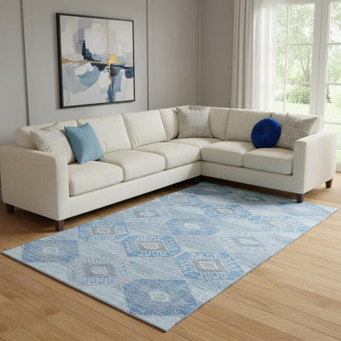 8' X 10' Blue And Gray Geometric Washable Area Rug With UV Protection