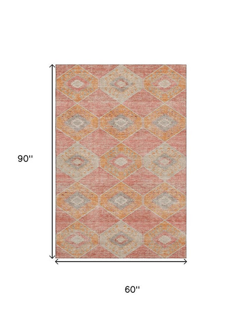 5' X 8' Coral Orange And Beige Geometric Washable Area Rug With UV Protection
