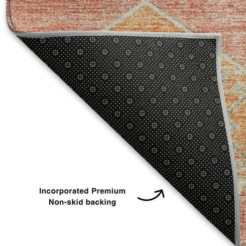 5' X 8' Coral Orange And Beige Geometric Washable Area Rug With UV Protection