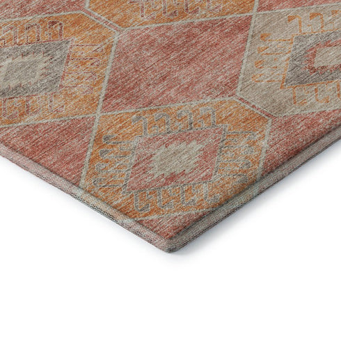 5' X 8' Coral Orange And Beige Geometric Washable Area Rug With UV Protection