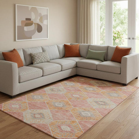 8' X 10' Coral Orange And Beige Geometric Washable Area Rug With UV Protection