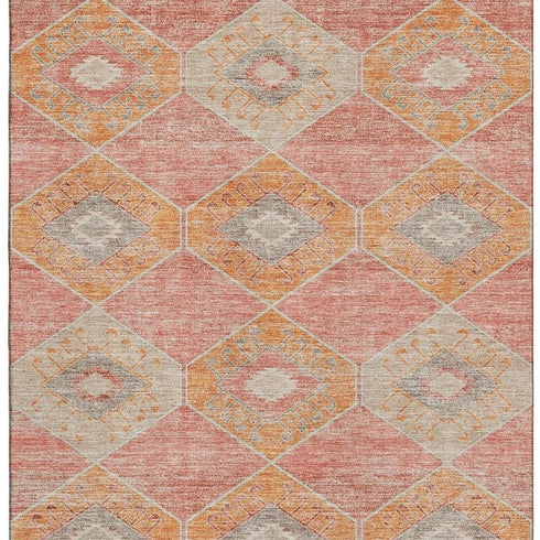 8' X 10' Coral Orange And Beige Geometric Washable Area Rug With UV Protection