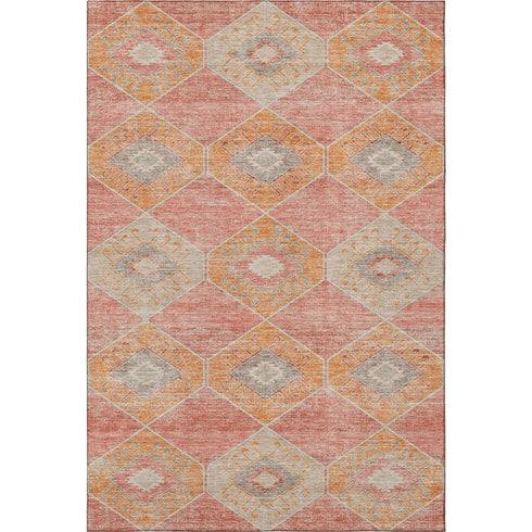 8' X 10' Coral Orange And Beige Geometric Washable Area Rug With UV Protection