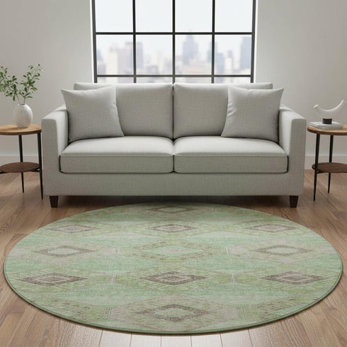 8' Green And Beige Geometric Washable Round Rug With UV Protection