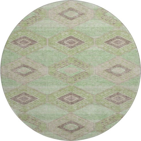 8' Green And Beige Geometric Washable Round Rug With UV Protection