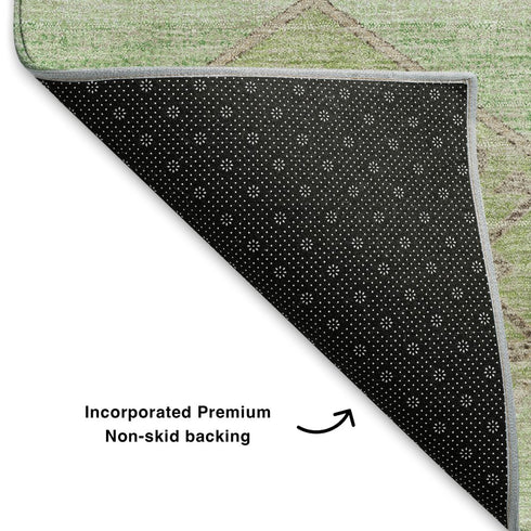 8' Green And Beige Geometric Washable Round Rug With UV Protection
