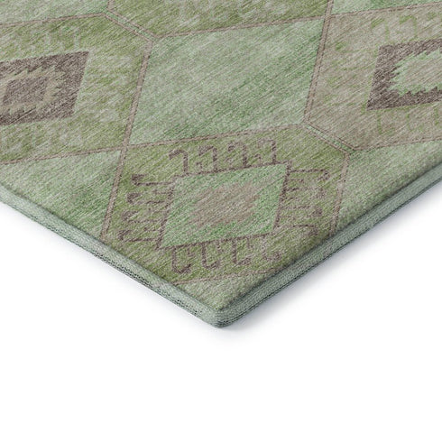 8' Green And Beige Geometric Washable Round Rug With UV Protection