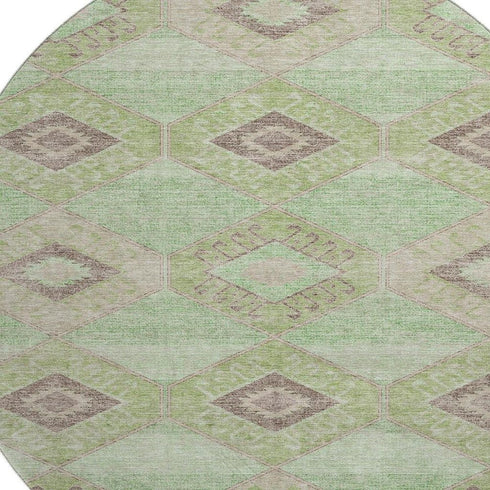 8' Green And Beige Geometric Washable Round Rug With UV Protection