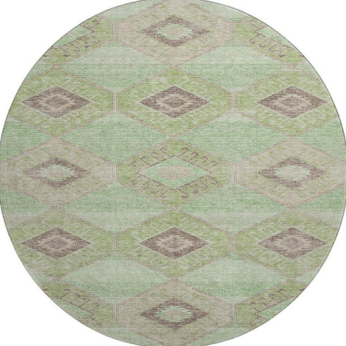 8' Green And Beige Geometric Washable Round Rug With UV Protection