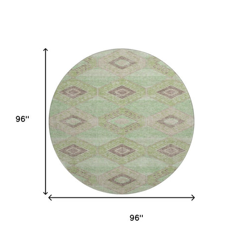 8' Green And Beige Geometric Washable Round Rug With UV Protection