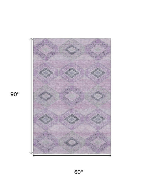 5' X 8' Lavender And Gray Geometric Washable Area Rug With UV Protection