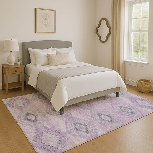 9' X 12' Lavender And Gray Geometric Washable Area Rug With UV Protection