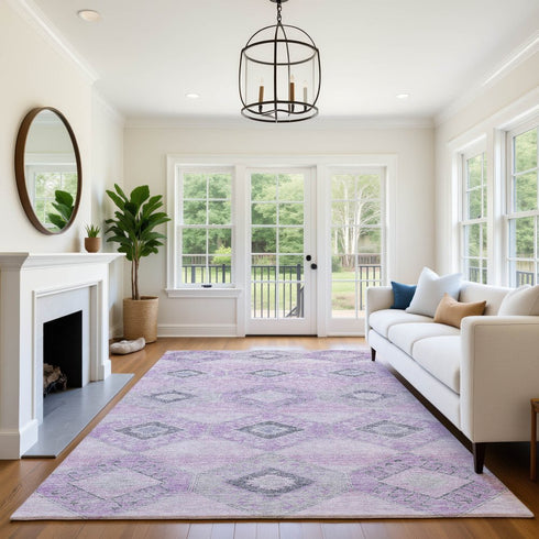 9' X 12' Lavender And Gray Geometric Washable Area Rug With UV Protection