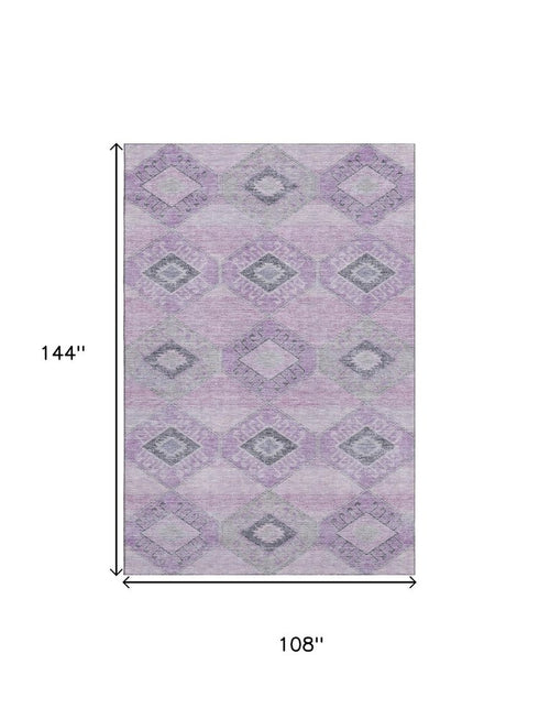 9' X 12' Lavender And Gray Geometric Washable Area Rug With UV Protection