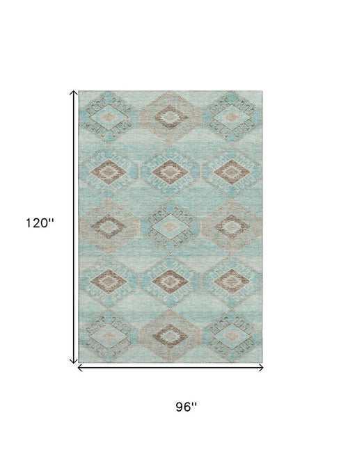 8' X 10' Teal And Beige Geometric Washable Area Rug With UV Protection