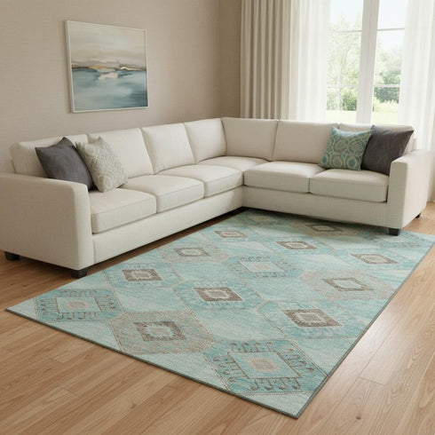 8' X 10' Teal And Beige Geometric Washable Area Rug With UV Protection