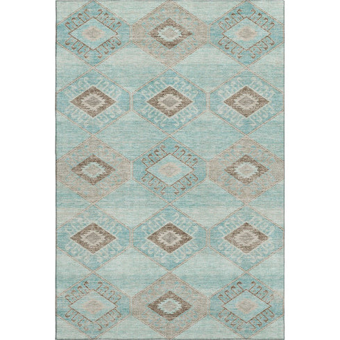8' X 10' Teal And Beige Geometric Washable Area Rug With UV Protection