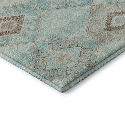 8' X 10' Teal And Beige Geometric Washable Area Rug With UV Protection