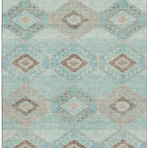 8' X 10' Teal And Beige Geometric Washable Area Rug With UV Protection