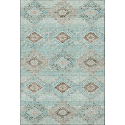 8' X 10' Teal And Beige Geometric Washable Area Rug With UV Protection