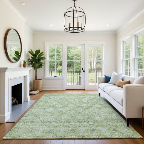 8' X 10' Green And Gray Geometric Washable Area Rug With UV Protection