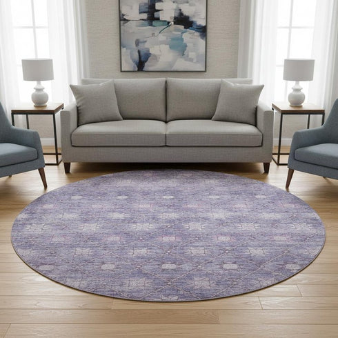 8' Purple And Ivory Geometric Washable Round Rug With UV Protection