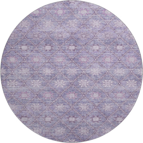 8' Purple And Ivory Geometric Washable Round Rug With UV Protection