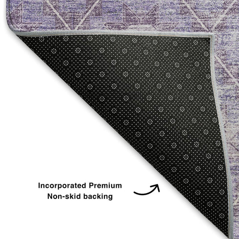 8' Purple And Ivory Geometric Washable Round Rug With UV Protection
