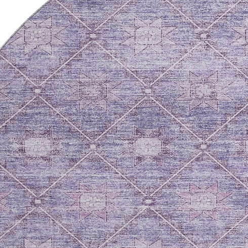 8' Purple And Ivory Geometric Washable Round Rug With UV Protection