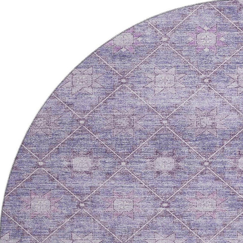8' Purple And Ivory Geometric Washable Round Rug With UV Protection