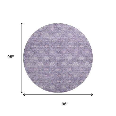 8' Purple And Ivory Geometric Washable Round Rug With UV Protection