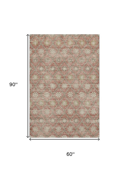 5' X 8' Terra Cotta And Beige Geometric Washable Area Rug With UV Protection