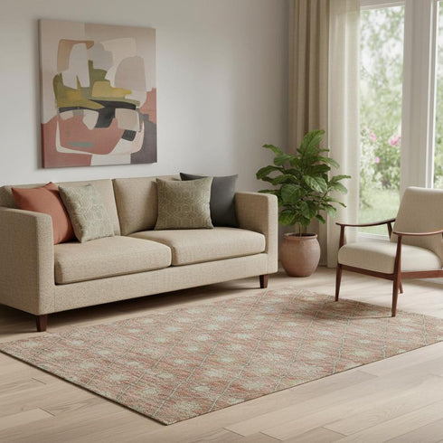 5' X 8' Terra Cotta And Beige Geometric Washable Area Rug With UV Protection