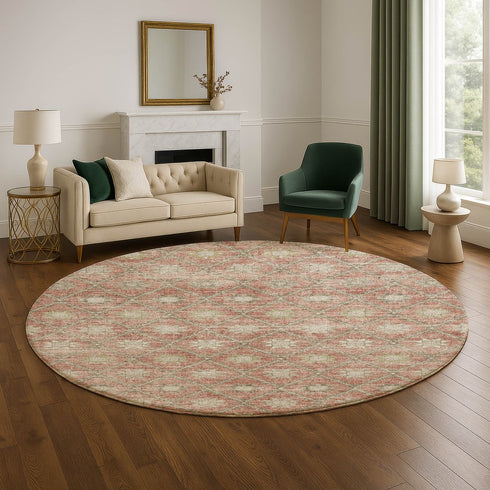8' Terra Cotta And Beige Geometric Washable Round Rug With UV Protection