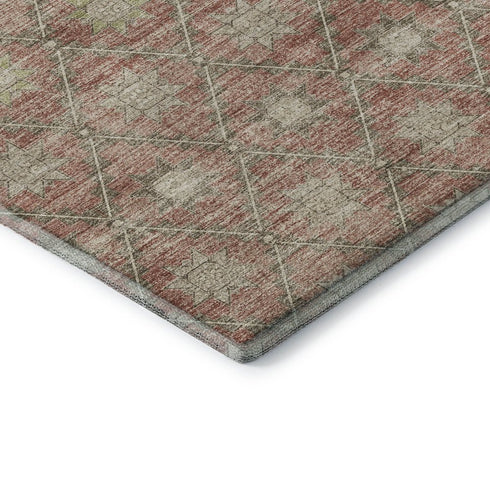 8' Terra Cotta And Beige Geometric Washable Round Rug With UV Protection