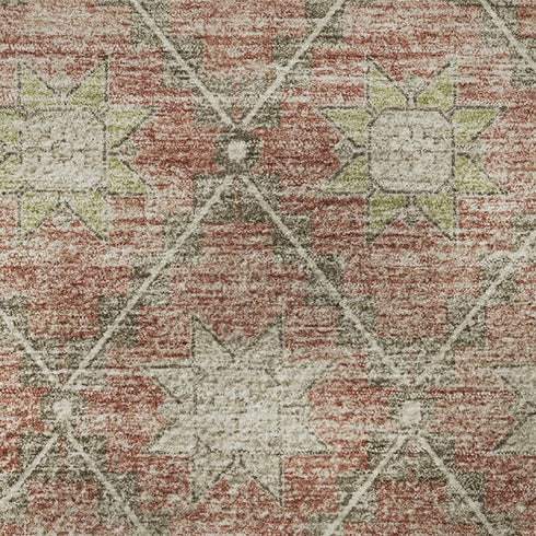 8' Terra Cotta And Beige Geometric Washable Round Rug With UV Protection