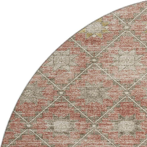 8' Terra Cotta And Beige Geometric Washable Round Rug With UV Protection