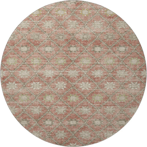 8' Terra Cotta And Beige Geometric Washable Round Rug With UV Protection