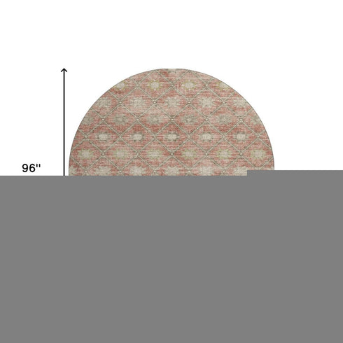 8' Terra Cotta And Beige Geometric Washable Round Rug With UV Protection
